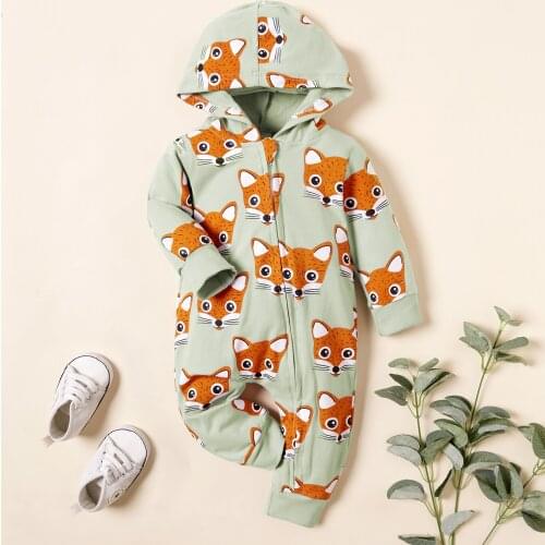 PatPat Fox Allover Hooded Long-sleeve Green Baby Jumpsuit