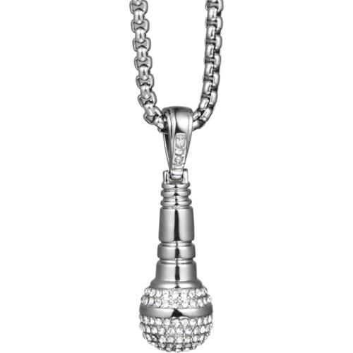 Hip Hop Iced Out Microphone Pendant Necklaces Male Silver Color Stainless Steel Chains For Men Hiphop Jewelry Dropshipping