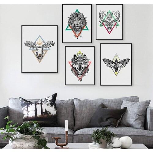 Modern Vintage Retro Black White Deer Lion Head Animals Art Print Poster Hippie Wall Picture Canvas Painting No Frame Home Decor