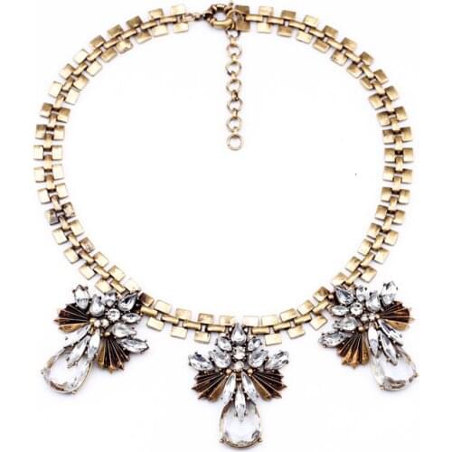 Bulk Price Vintage Clear Glass Flower Pendant Necklaces Antique Gold Color Figaro Chain Statement Necklace Online Shopping India
