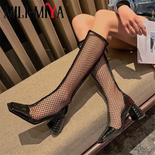 MILI-MIYA Spring Summer Zipper Knee High Boots Women Fashion Sexy Roman Sandals Mesh Hollow Out Lace Up Shoes Black Apricot