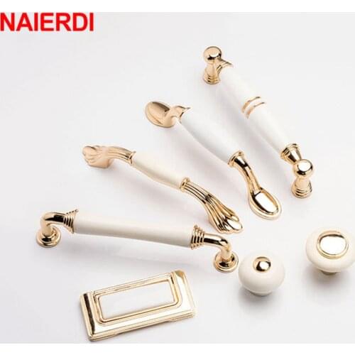 NAIERDI Creamic Door Handles Cabinet Handle Gold White Zinc Alloy Drawer Pulls Kitchen Furniture Handle Furniture Hardware
