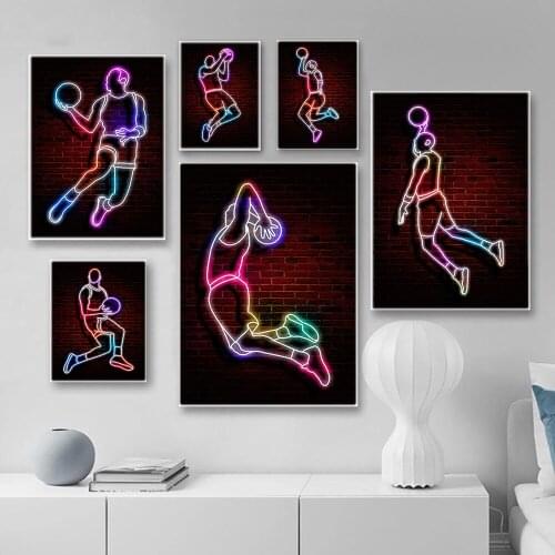 Neon Light Art Print Fancy Basketball Sport Poster Street Wall Art Abstract Canvas Painting Gift Idea Man Office Home Decoration