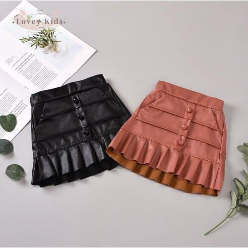 2020 Toddler Baby Girl Autumn Winter Sweet PU Leather Skirt Mini Ruffle Pockets A-line High Waist Pink Black Costume