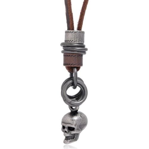 Gothic Punk Rock Skull Genuine Leather Necklace Adjustable Long Pendant Chain Metal Skeleton Charm Unisex Hiphop Fashion Jewelry
