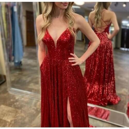 Sexy V-Neck Long Sequined Evening Dresses with Pockets Floor Length Criss Cross Back Abendkleider Formal Party Dress for Women
