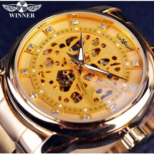 Winner Diamond Skeleton Design Full Gold Case Mens Watches Top Brand Luxury Automatic Fashion Skeleton Men Wristwatch Clock Men