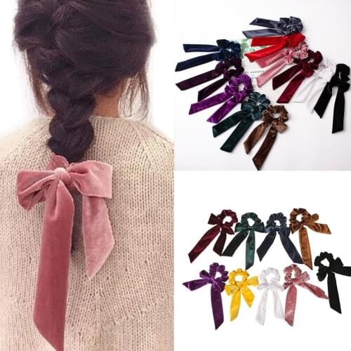 Ladies Soft Velvet Hair Scrunchie Ribbon Girls Ponytail Holder Bow Hair Ties Elastic Hair Bands Elegant Headwear Accessories Red