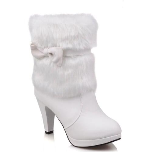 High Heels Rabbit Fur Boots Women Plush Warm Platform Shoes Elegant Crystal Lady High-heeled Shoes