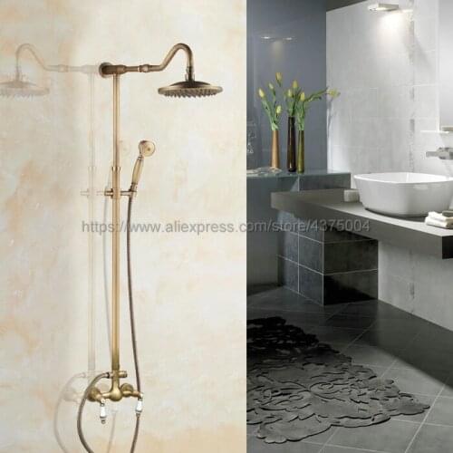 Antique Brass 8 inch Rain Shower head Shower Faucet Set Double Handle Bathroom Shower Mixer Taps Nan503