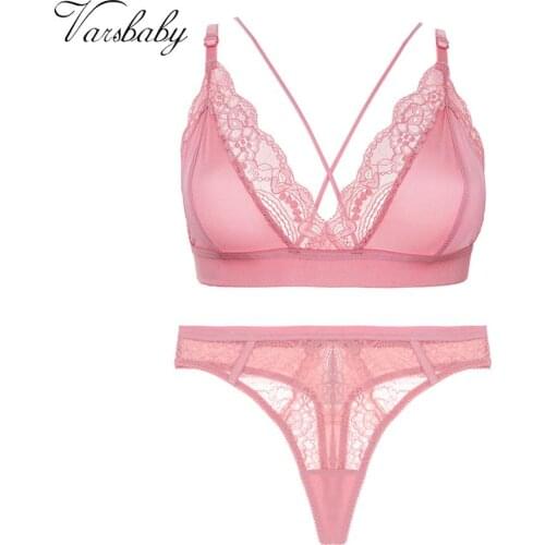 Varsbaby Sexy Ultra-Thin Lace Women Black Pink Red Lingeries S-XL Bra+Embroidered Thong 2Pcs Underwear Set