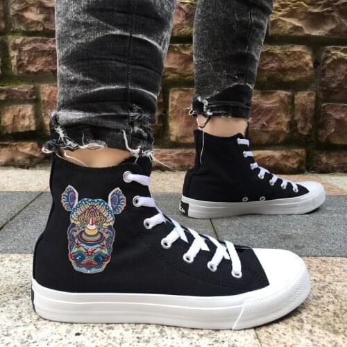 Wen Flat Plimsolls Original Design Exquisite Colorful Totem Rhinoceros High Top Canvas Black White Shoes Sneakers Unisex