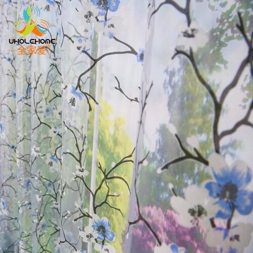Window Curtain Blue Plum Flower Printed Pattern For Home Living Room Screening Transparent Sheer Voile Fabric 1PCS/Lot