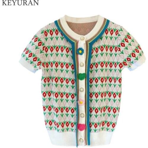 Jacquard Knit Cardigan Crochet Floral Thin Summer Tops 2021 Summer New Contrast Color O-neck Single Breasted Cardigan Knit Tops