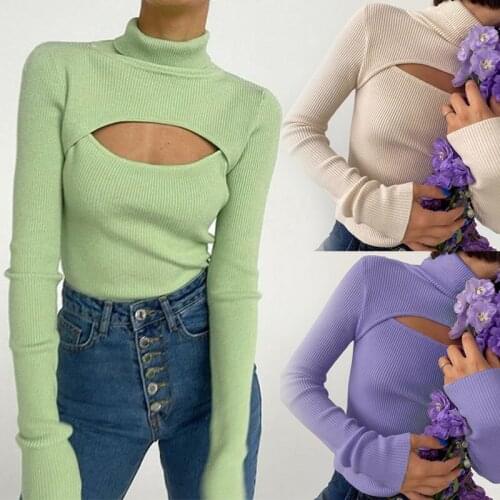 Womens Turtleneck Long Sleeve Slim Pullovers 2021 Autumn New Solid Hollow Out Fashion Sweater Ladie Sexy Retro Knitting Clothes