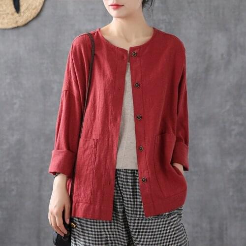 2021 Cotton Linen Casual Blouses Plus Size Spring Autumn New Arts Style Women Long Sleeve Loose O-Neck Shirts Big Pockets