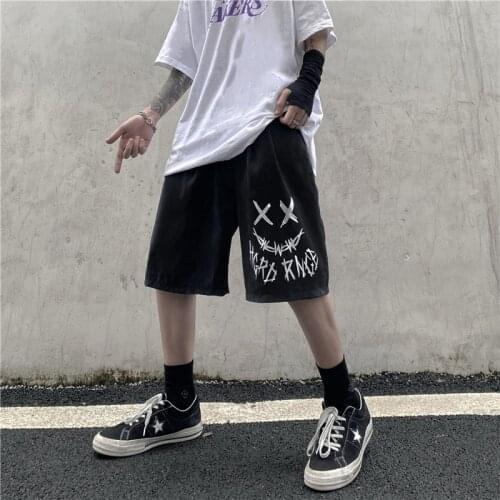 Streetwear Shorts Summer Women Men Harajuku XX Smiley Face Printing Oversized Casual Dark Goth Skateboard Hip-Hop Shorts Female