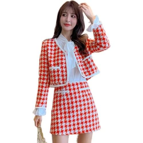 New High Quality Autumn Women 2 Piece Set Tweed Jacket Short Coat+Elegant Fashion Mini Skirt Winter Houndstooth Two-piece Suit