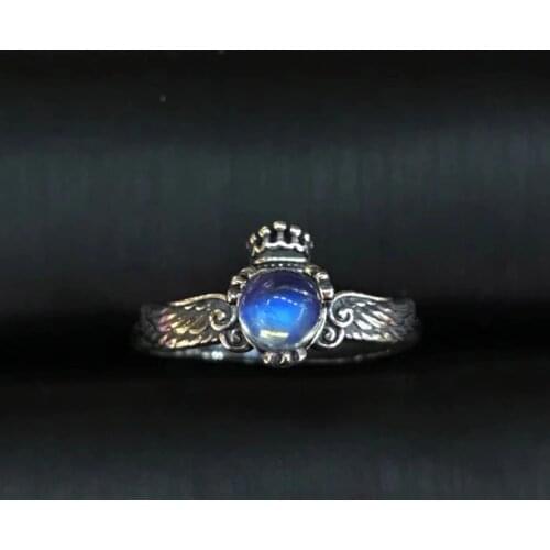 925 Sterling Silver Wings Round Shape Crown Natural Dazzling Monstone Jewelry Ring