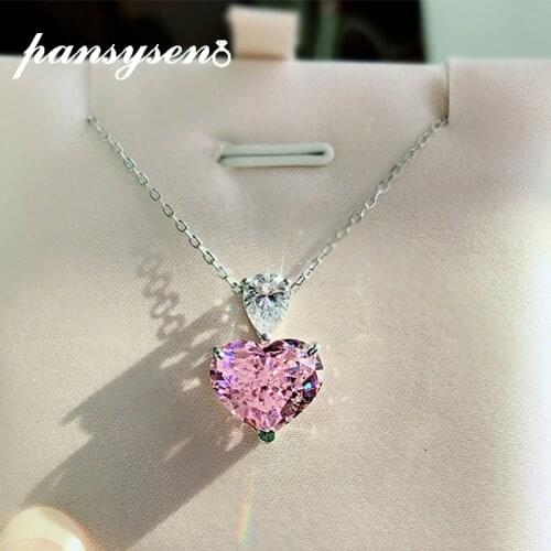 PANSYSEN Romantic Heart Design Pink Sapphire Created Moissanite Gemstone Wedding Pendant Necklaces Solid Silver 925 Fine Jewelry