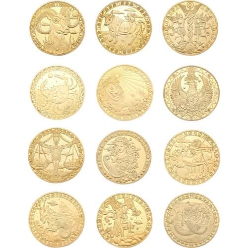12 Constellation Top Selling Gold Plated Physical Commemorative Coin Stainless Steel Material Collectible ewelry Pendant Gift