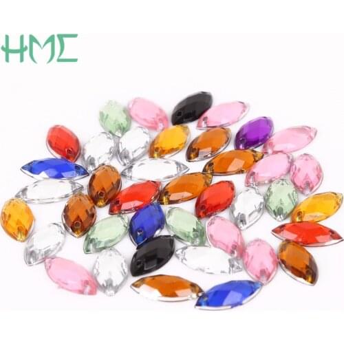 New Rhinestones 7*15mm 50Pcs Colors Eye Shape Crystal 2 Hole Sew On Rhinestone Acrylic Jewelry For Clothing Shoes DIY Decoration