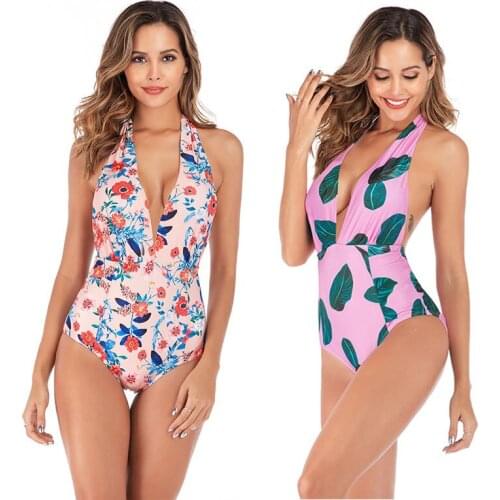 Tie Waist Floral One-piece Swimsuit Women Sexy Backless Halter Monokini Push Up Swimwear 2021 New Female Beach Bathing Suits