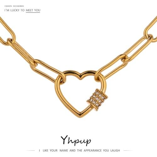 Yhpup Romantic Heart Stainless Steel Chain Necklace for Women Delicate Cubic Zirconia 14 K Choker Necklace Jewelry Accessories