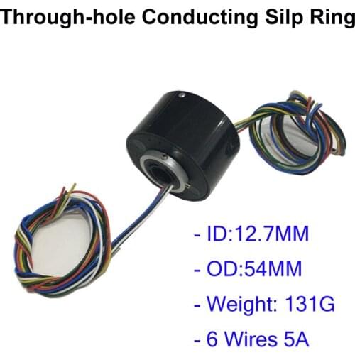 Bore Slip Ring 6CH 5A Dia. 12.7mm OD 54mm 6 Circuit Electric Conductive Through-Hole 360° Rotary Conducting Collector Ring