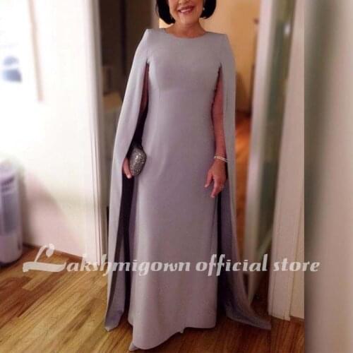 Elegant Silver Long Mother Of the Bride Dresses with Cape Sleeves Wedding Party Evening Gowns Formal Dress