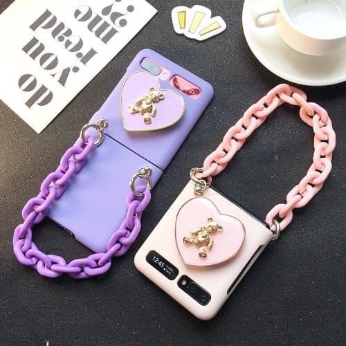 For Samsung Z Flip 5G 4G Cute Love Heart Stand Holder Handbag Hand Chain Case Cover For Galaxy Z Flip 3 Conque Cute Gift Case