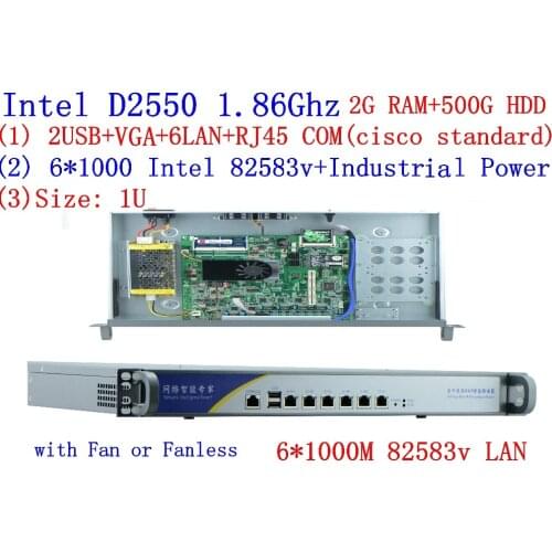 Hot sell Intel ATOM D2550 1U Firewall With 6*InteL 82583V 1000M LAN support Panabit Wayos ROS Mikrotik PFSense 2G RAM 500G HDD