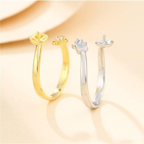 Ring Blank for 6mm-8mm Round Beads or Pearls Gold Plated 925 Silver Zircon Ring Setting Adjustable Flower Shape Ring Base SR0119