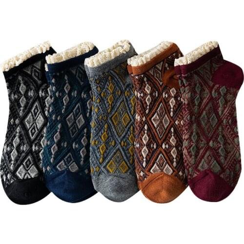 5 Pairs Women Socks Set Spring Retro Lace Harajuku Pure Cotton Soft Lolita Rolled Cuff Argyle Plaid Sweet Breathable Ruffle