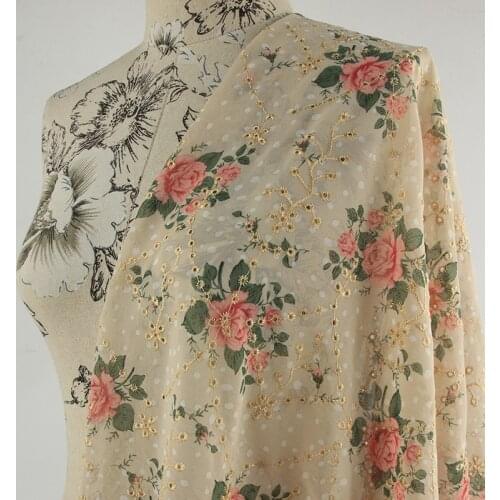 New rose pattern embroidery printed chiffon fabric womens wear childrens clothing dress fabric