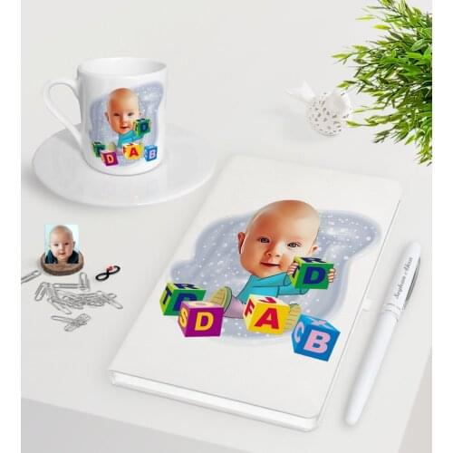 Personalized Baby Caricature Of White Notebook Pen Turkish Coffee Cup Seti-5
