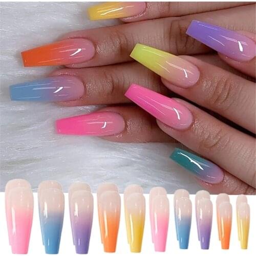 24pcs French Rainbow Ballerina Ombre Long Coffin Glossy Clear Fake Nails Press on Nail False Tips Manicure for Women and Girls