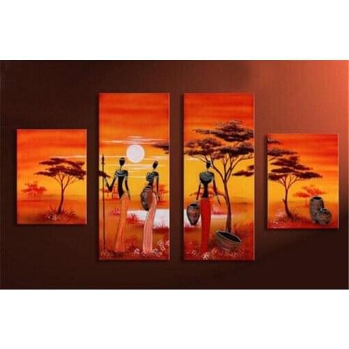 100%Hand Painted 4 Pcs Art Africa Harvest Landscape Wall Sticker Oil Painting On Canvas Abstract Scenery Decorative Artwork