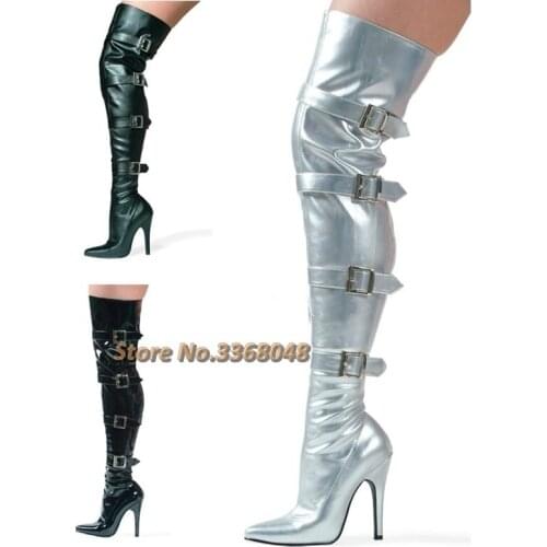 Silver Multi-Buckle Decor Boots Over The Knee Thin High Heel Sexy Pointed Toe Runway Women Boots Solid Leather Winter Boots