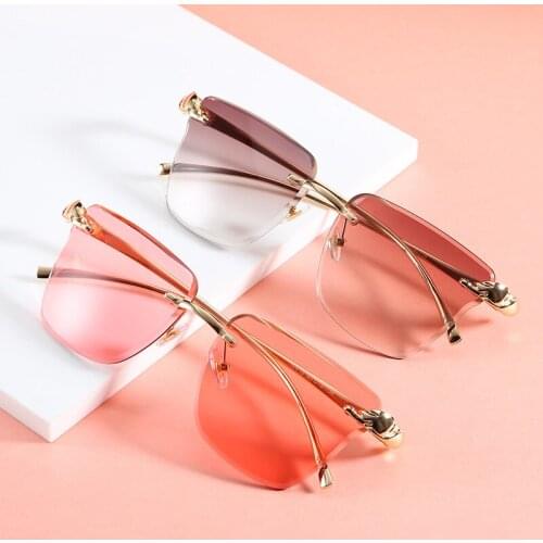 Luxury Oversized Sunglasses Women Rimless Green Tea Shades Fashion Cut Cat Eye Sun Glasses Female Metal Frame Eyewear Men UV400