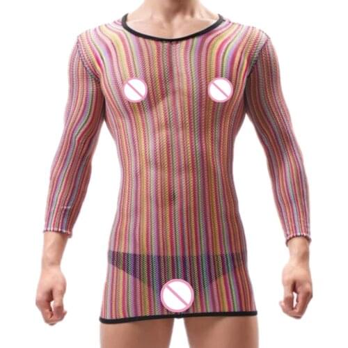 Super Sale Sexy Lingerie Gentleman Underwear Male Colorful Bodysuit Men Striped Fishnet Clothing Man Sissy Long Sleeve Nightwear