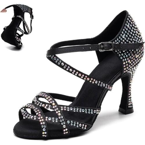 Women Rhinestone Latin Dance Shoes Black Ballroom Salsa Dancing Shoes For Party Wedding Girls Soft Sole Practice Dance -shoes