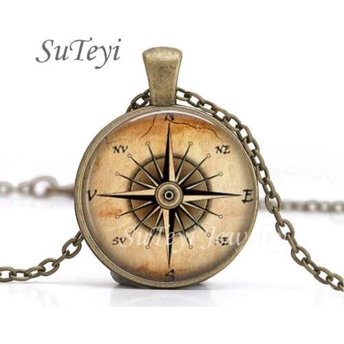 Vintage Compass Picture Glass Dome Cabochon Pendant Necklace Classic Antique Gold Black Silver Color Necklaces Jewelry