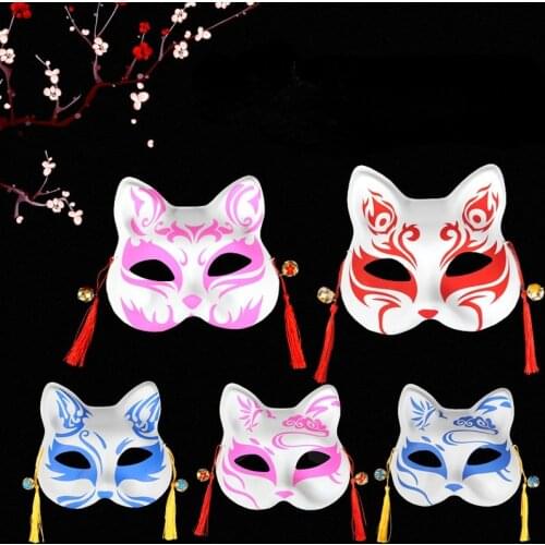 Japanese Animal Cat Half Face Mask with Tassels Small Bells Hand-Painted Cosplay All Saints' Day Anime Masquerade Party Dress Up