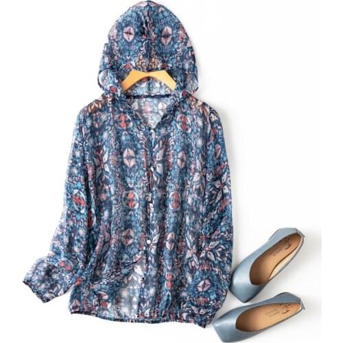 Womens 100% Mulberry Silk Thin Type Printed Button down hoodie Coat long Sleeve Top Cardigan Blouse Summer Beach Cover Up M142