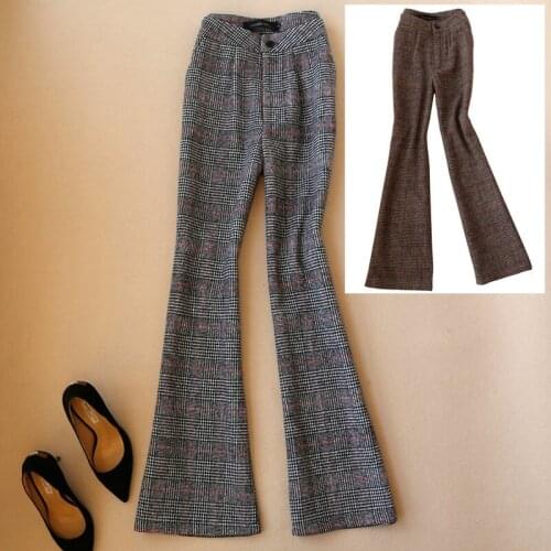 Women Flare Pants Autumn Winter Thicken Woolen Pants office lady Warm High Waist Fashion Plaid Trousers