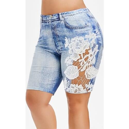 Plus Size Denim Shorts Women Lace Patchwork Flower Print Bodycon Shorts Elastic Skinny Denim Shorts for Women Short Feminino