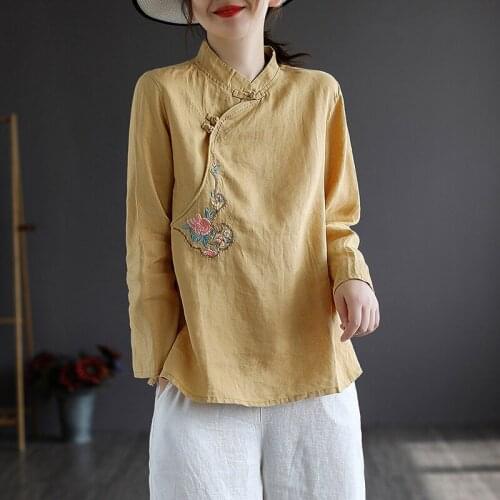 Johnature Women Linen T-shirts Embroidery Stand Long Sleeve Button Loose Tops 2021 Autumn New Vintage Comfortable Soft T-shirt