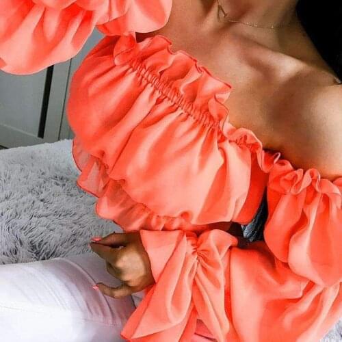 Women Chiffon Crop Tops Boho Sexy Long Off Shoulder Ruffles Loose Pure Colors Shirts Top Hot Sale