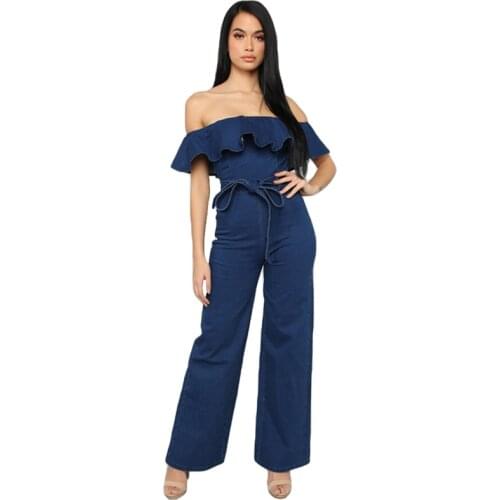 New Women Jumpsuit Ruffles Off Shoulder Denim Rompers Fashion 2020 Spring Summer Wide Leg Long Pants Jumpsuits Playsuit Overalls